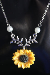 Sunflower/Leaf Branch Charm Necklace