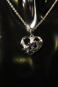 925 Sterling Silver Heart with "Love" pendant and Necklace - Purple Stones