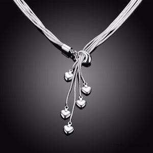 925 Sterling Silver Long Tassel Five Hearts Necklace